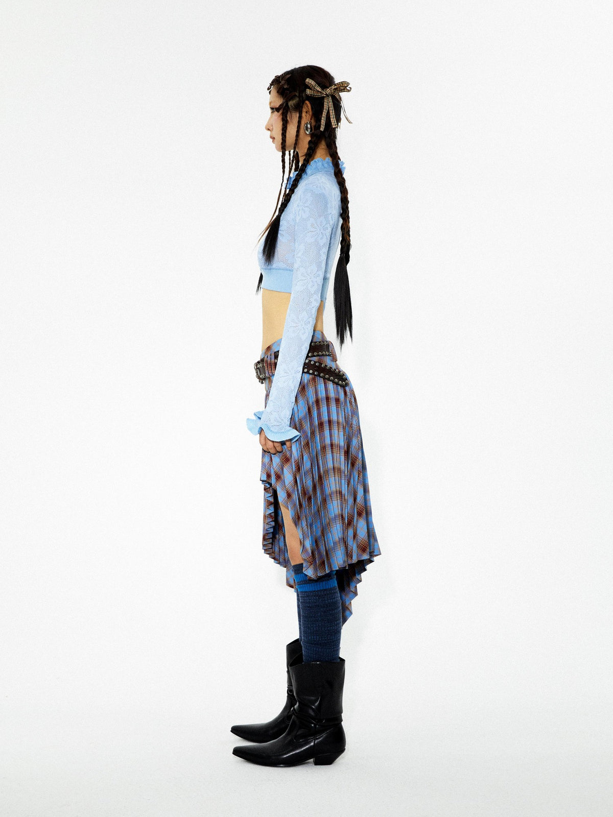 YOSHUYUKI Punk Plaid Pleated Layered Hem A Line Denim Women&
