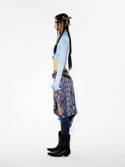 YOSHUYUKI Punk Plaid Pleated Layered Hem A Line Denim Women&