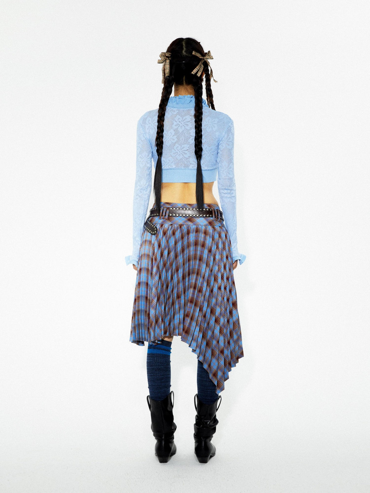 YOSHUYUKI Punk Plaid Pleated Layered Hem A Line Denim Women&