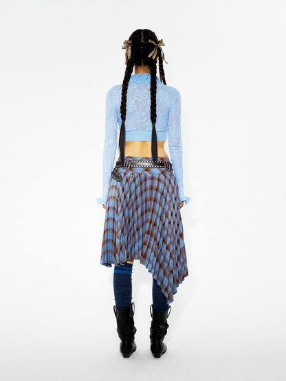 YOSHUYUKI Punk Plaid Pleated Layered Hem A Line Denim Women&