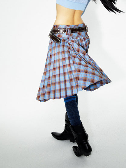 YOSHUYUKI Punk Plaid Pleated Layered Hem A Line Denim Women&