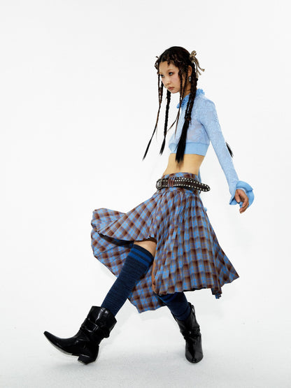 YOSHUYUKI Punk Plaid Pleated Layered Hem A Line Denim Women&