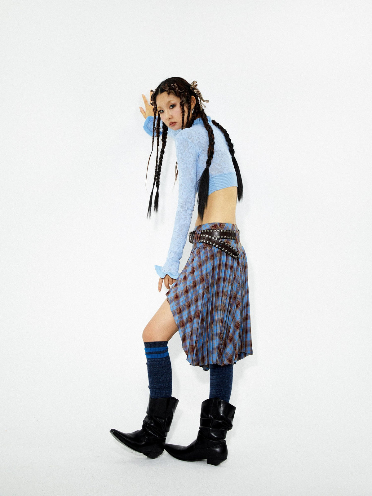 YOSHUYUKI Punk Plaid Pleated Layered Hem A Line Denim Women&
