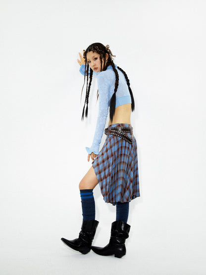 YOSHUYUKI Punk Plaid Pleated Layered Hem A Line Denim Women&
