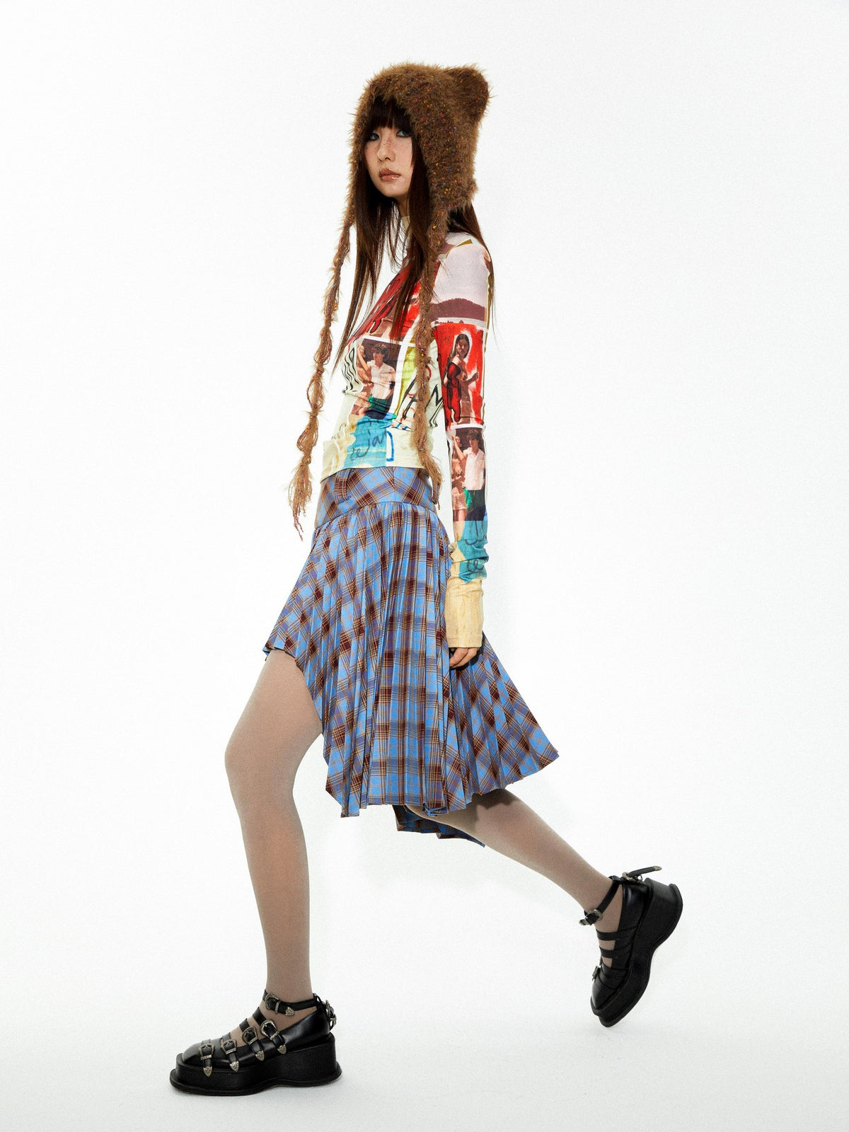 YOSHUYUKI Punk Plaid Pleated Layered Hem A Line Denim Women&