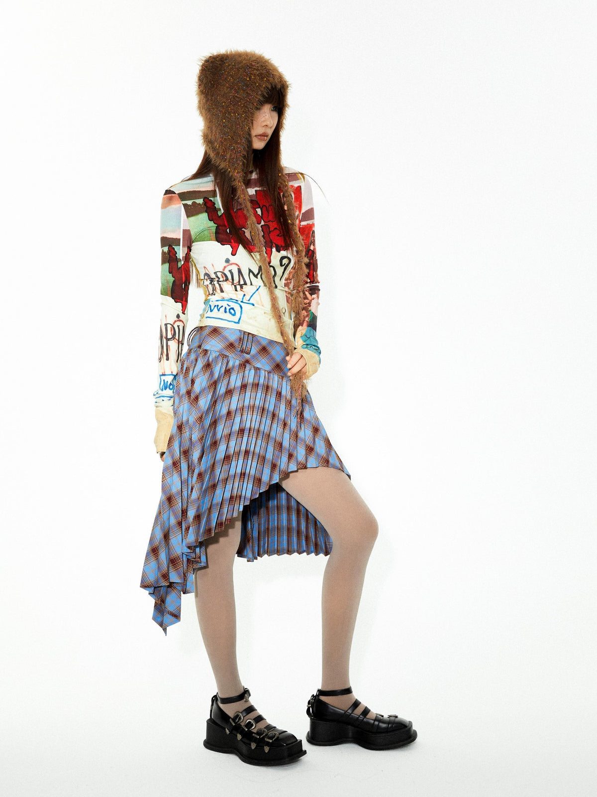 YOSHUYUKI Punk Plaid Pleated Layered Hem A Line Denim Women&