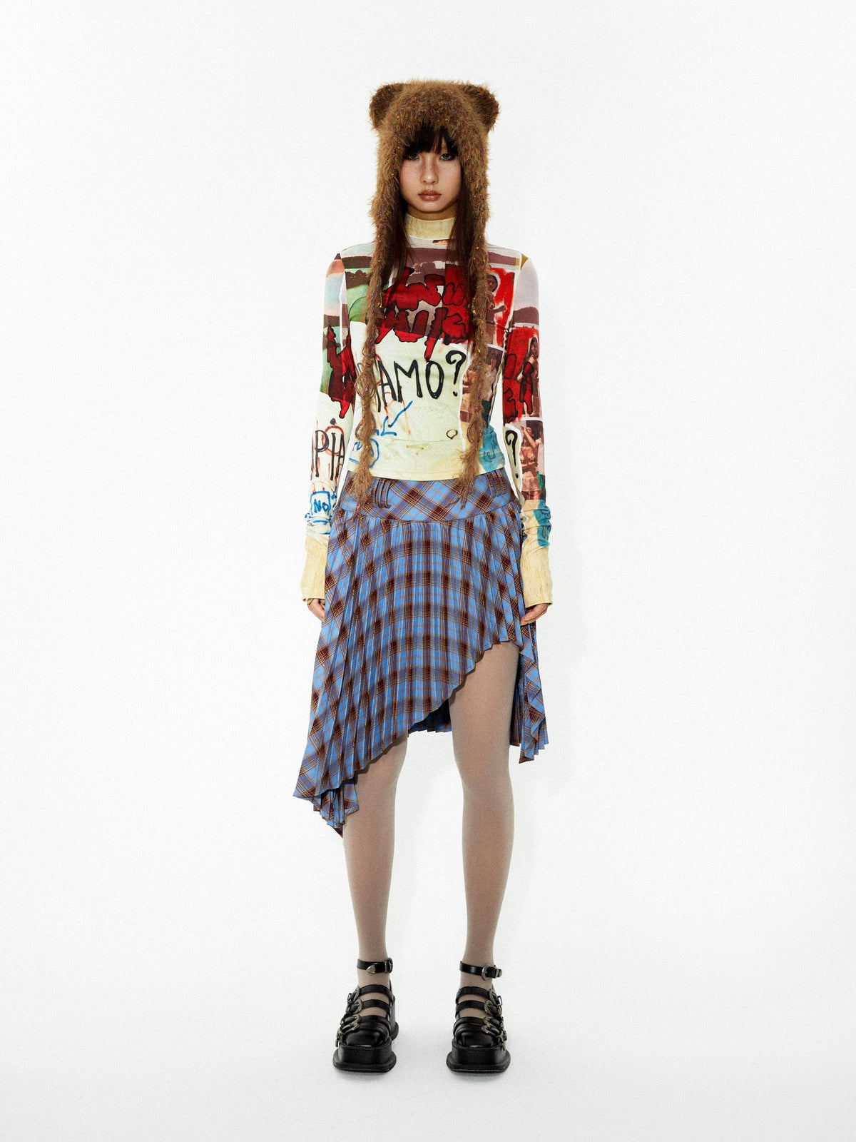 YOSHUYUKI Punk Plaid Pleated Layered Hem A Line Denim Women&