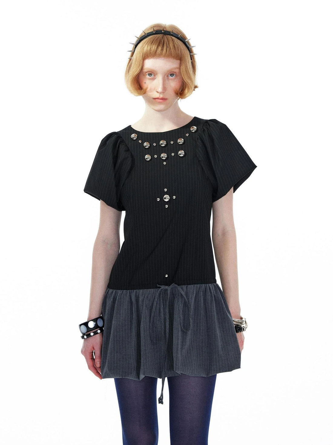 Punk Studded Floral Mini Dress Black Gray V Neck