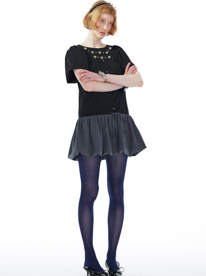 YOSHUYUKI Punk Studded Floral Mini Dress Black Gray V Neck