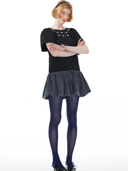Punk Studded Floral Mini Dress Black Gray V Neck
