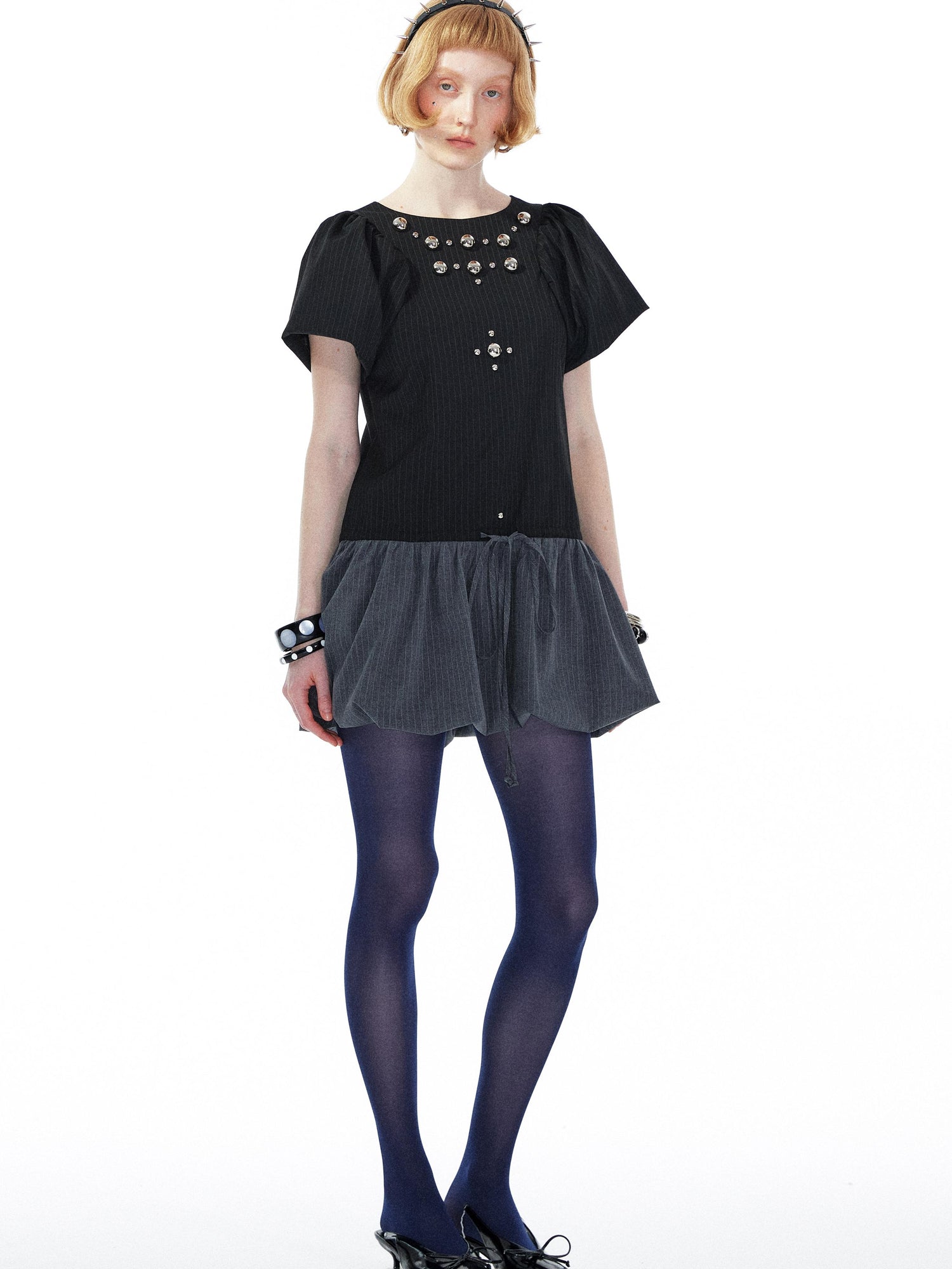 YOSHUYUKI Punk Studded Floral Mini Dress Black Gray V Neck