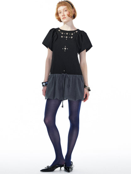 YOSHUYUKI Punk Studded Floral Mini Dress Black Gray V Neck