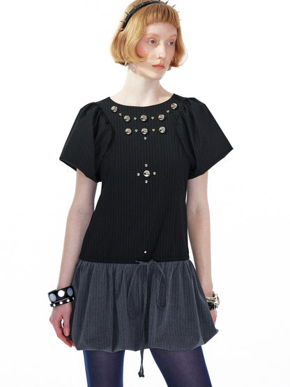 YOSHUYUKI Punk Studded Floral Mini Dress Black Gray V Neck