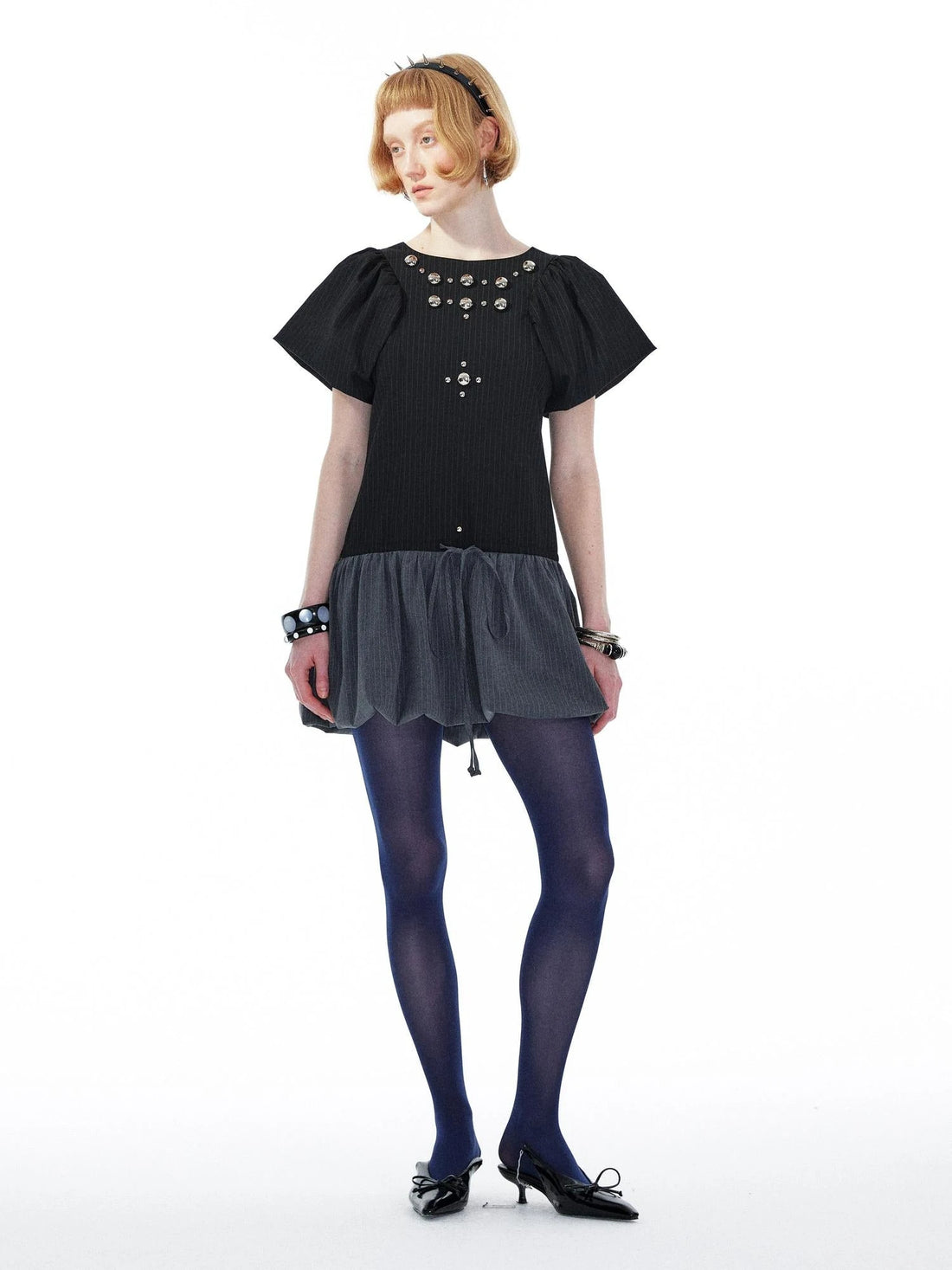 Punk Studded Floral Mini Dress Black Gray V Neck