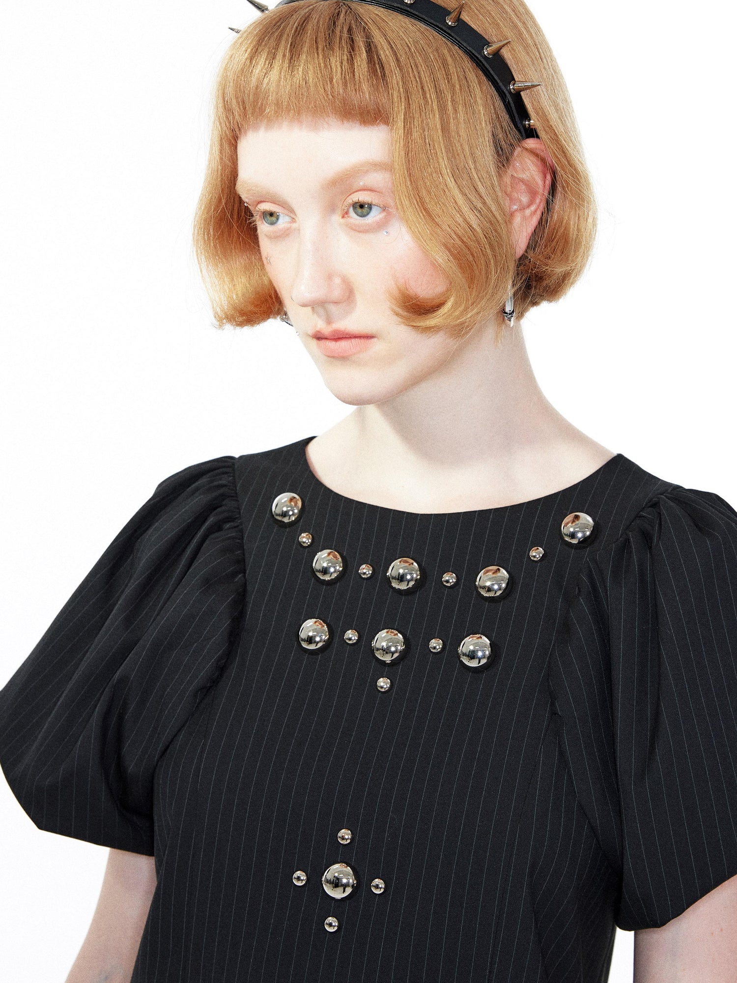 YOSHUYUKI Punk Studded Floral Mini Dress Black Gray V Neck