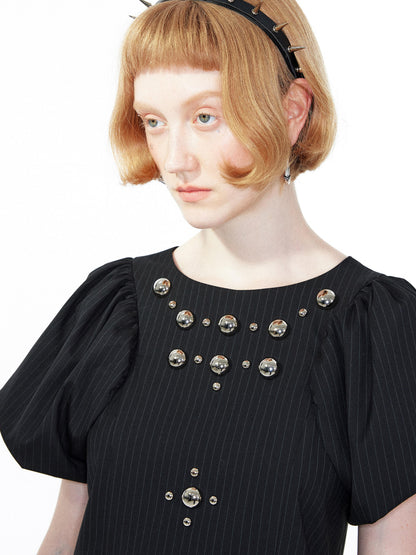 YOSHUYUKI Punk Studded Floral Mini Dress Black Gray V Neck
