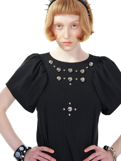 YOSHUYUKI Punk Studded Floral Mini Dress Black Gray V Neck