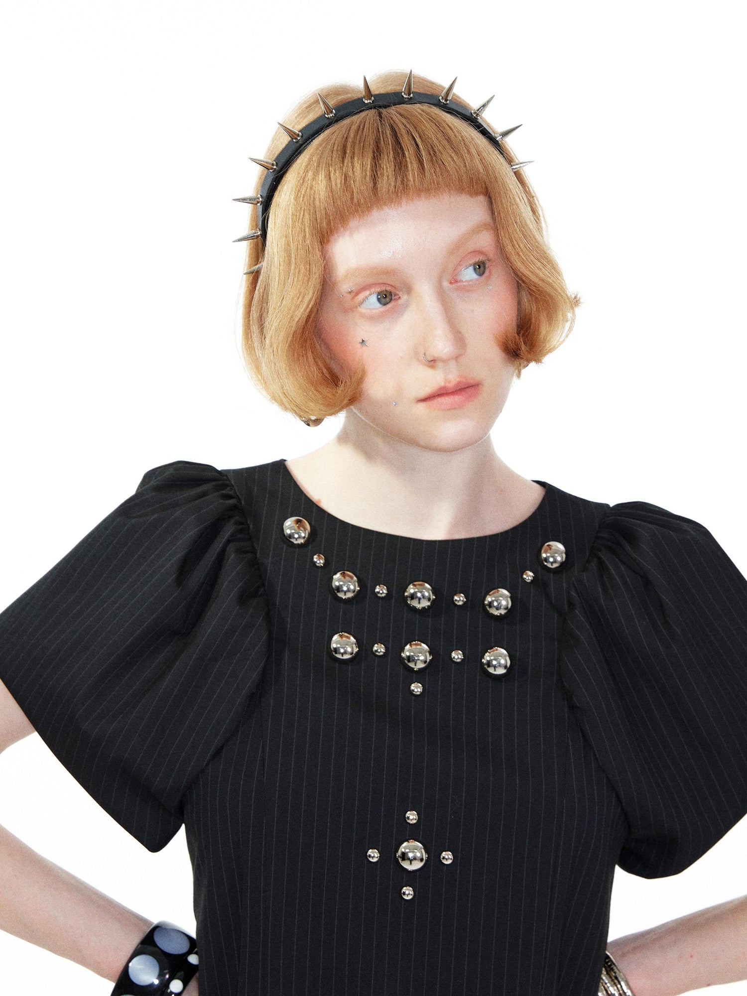 YOSHUYUKI Punk Studded Floral Mini Dress Black Gray V Neck