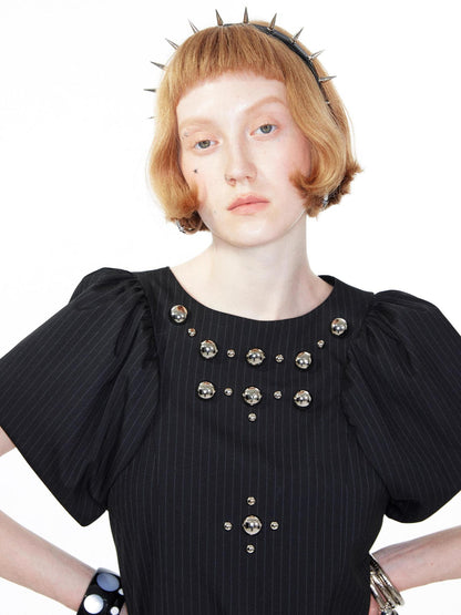 YOSHUYUKI Punk Studded Floral Mini Dress Black Gray V Neck