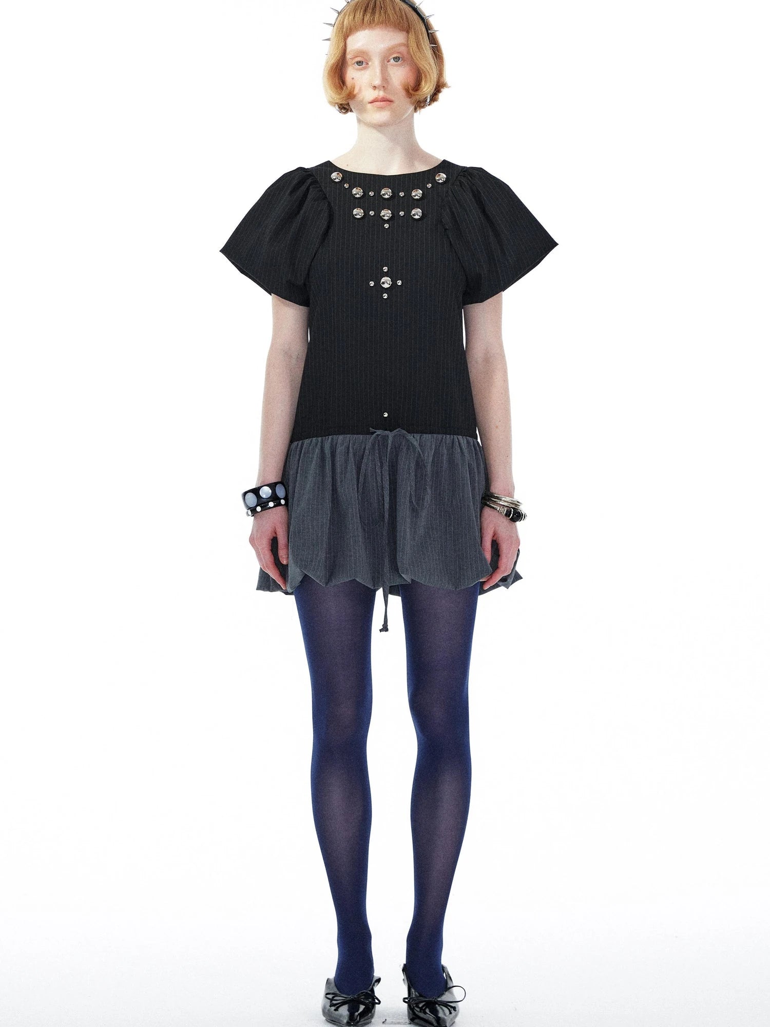 Punk Studded Floral Mini Dress Black Gray V Neck