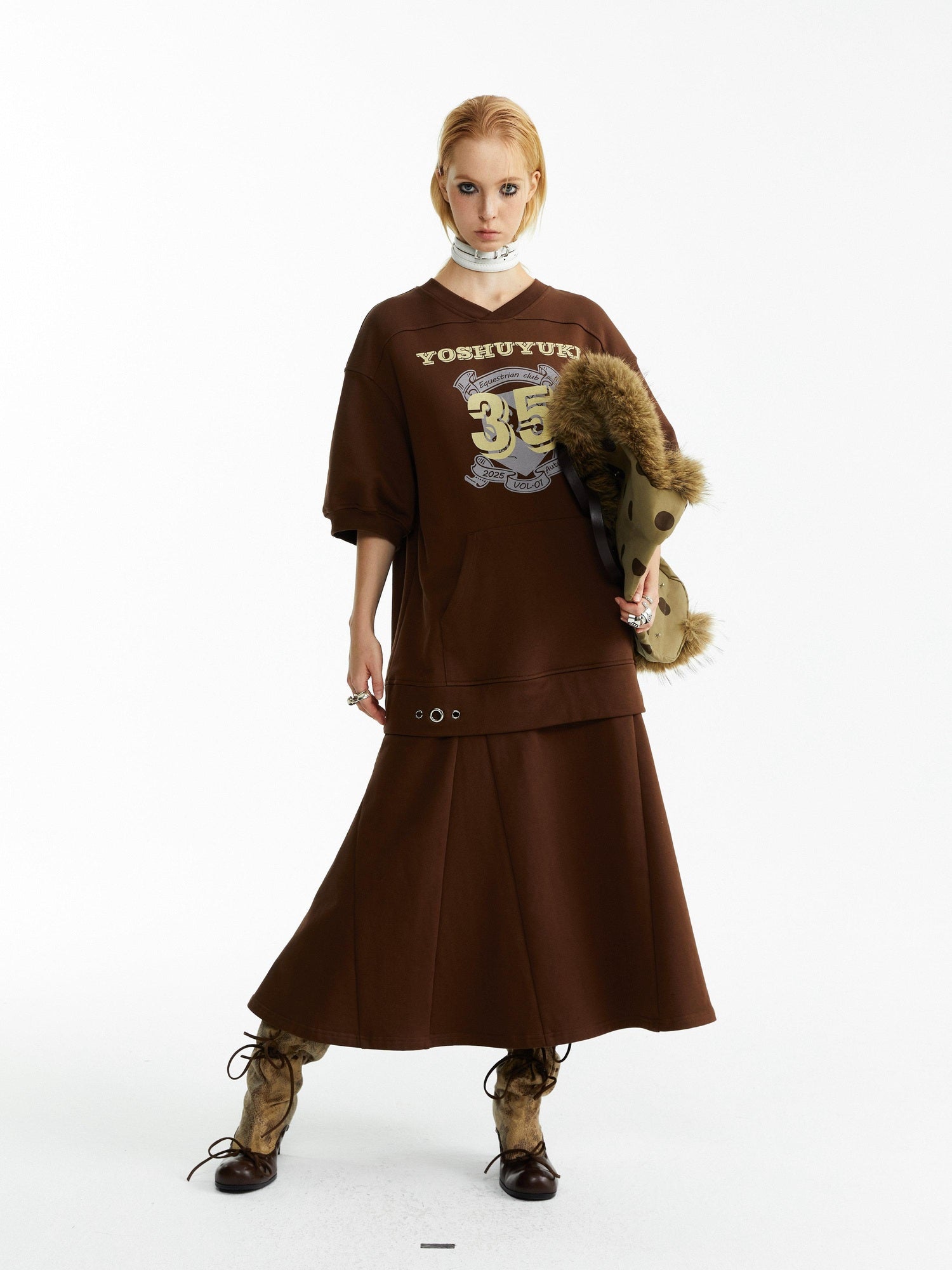 YOSHUYUKI Pure Cotton Vintage A Line Printed Layered Loose Mid Sleeve Brown Midi Dresses
