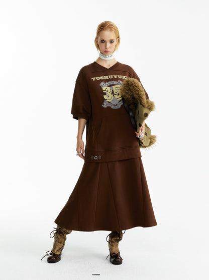 YOSHUYUKI Pure Cotton Vintage A Line Printed Layered Loose Mid Sleeve Brown Midi Dresses