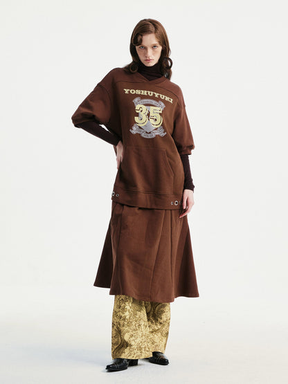YOSHUYUKI Pure Cotton Vintage A Line Printed Layered Loose Mid Sleeve Brown Midi Dresses