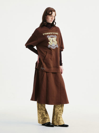 YOSHUYUKI Pure Cotton Vintage A Line Printed Layered Loose Mid Sleeve Brown Midi Dresses