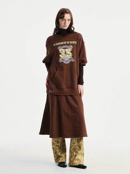 YOSHUYUKI Pure Cotton Vintage A Line Printed Layered Loose Mid Sleeve Brown Midi Dresses