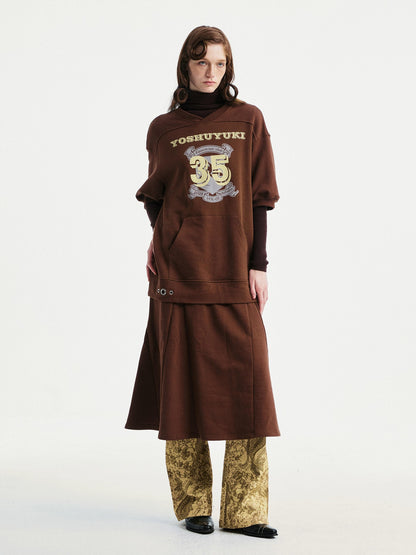 YOSHUYUKI Pure Cotton Vintage A Line Printed Layered Loose Mid Sleeve Brown Midi Dresses