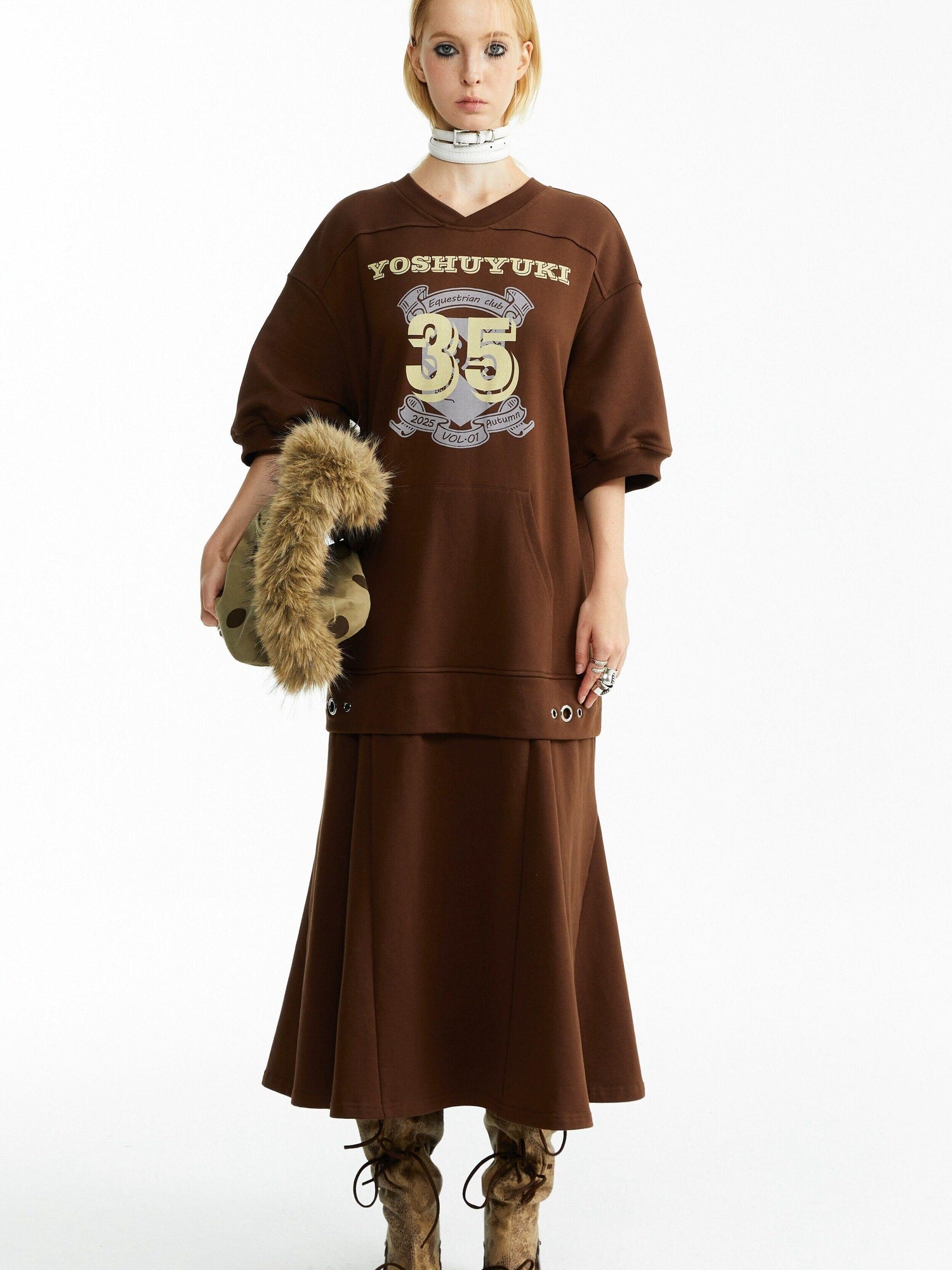 YOSHUYUKI Pure Cotton Vintage A Line Printed Layered Loose Mid Sleeve Brown Midi Dresses
