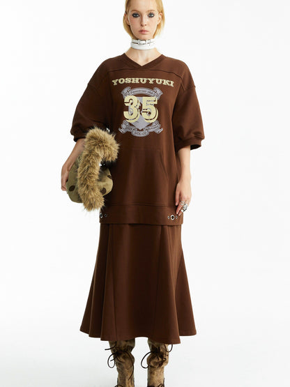 YOSHUYUKI Pure Cotton Vintage A Line Printed Layered Loose Mid Sleeve Brown Midi Dresses