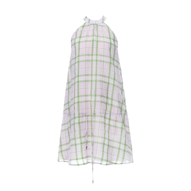 YOSHUYUKI_Purple_Green_Plaid_Drawstring_Low_Waist_A_Line_Women&
