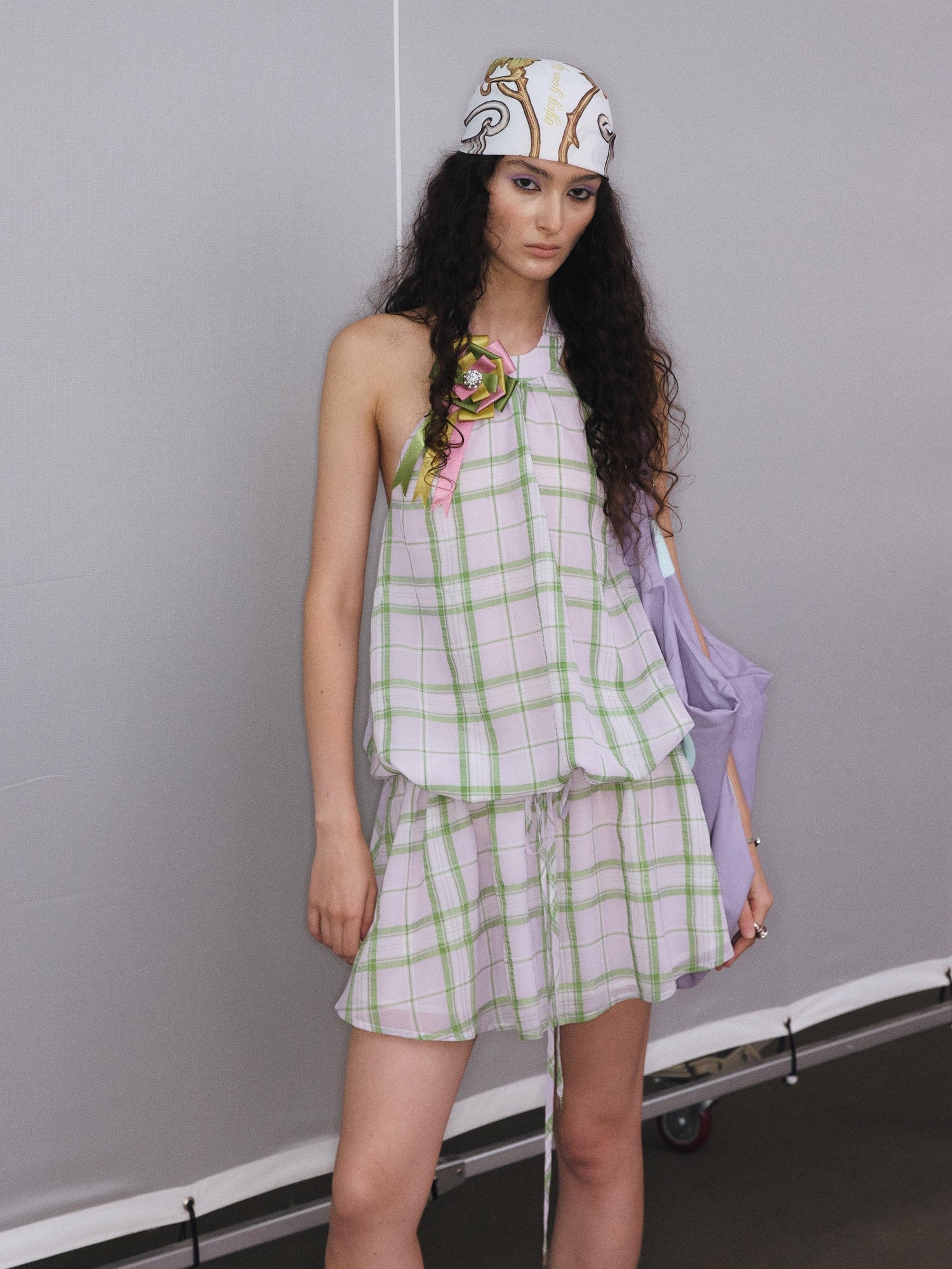 YOSHUYUKI Purple Green Plaid Drawstring Low Waist A Line Women&