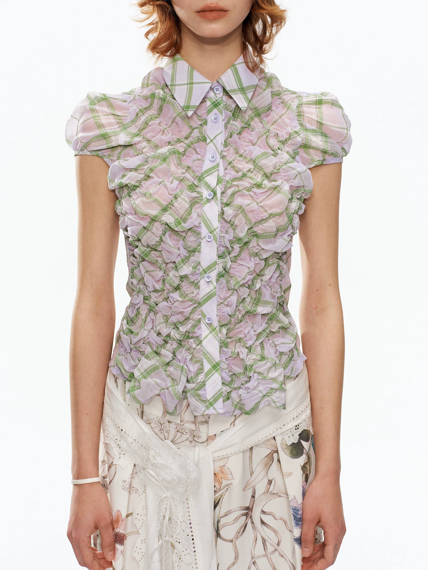 YOSHUYUKI Purple Green Plaid Ruched Puff Lapel Fitted Women&