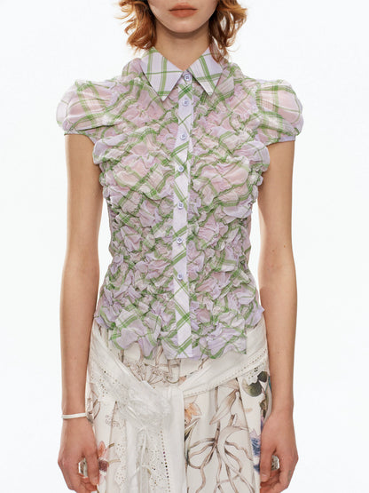 YOSHUYUKI Purple Green Plaid Ruched Puff Lapel Fitted Women&