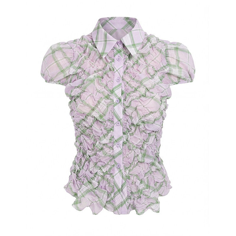 YOSHUYUKI_Purple_Green_Plaid_Ruched_Puff_Lapel_Fitted_Women&