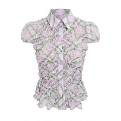 YOSHUYUKI_Purple_Green_Plaid_Ruched_Puff_Lapel_Fitted_Women&