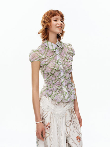 YOSHUYUKI Purple Green Plaid Ruched Puff Lapel Fitted Women&