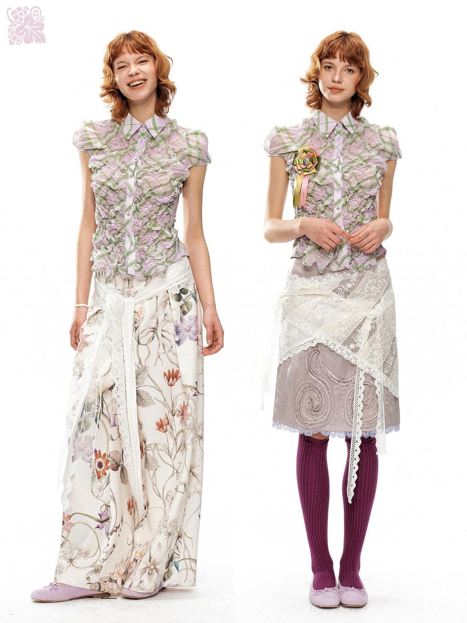YOSHUYUKI Purple Green Plaid Ruched Puff Lapel Fitted Women&