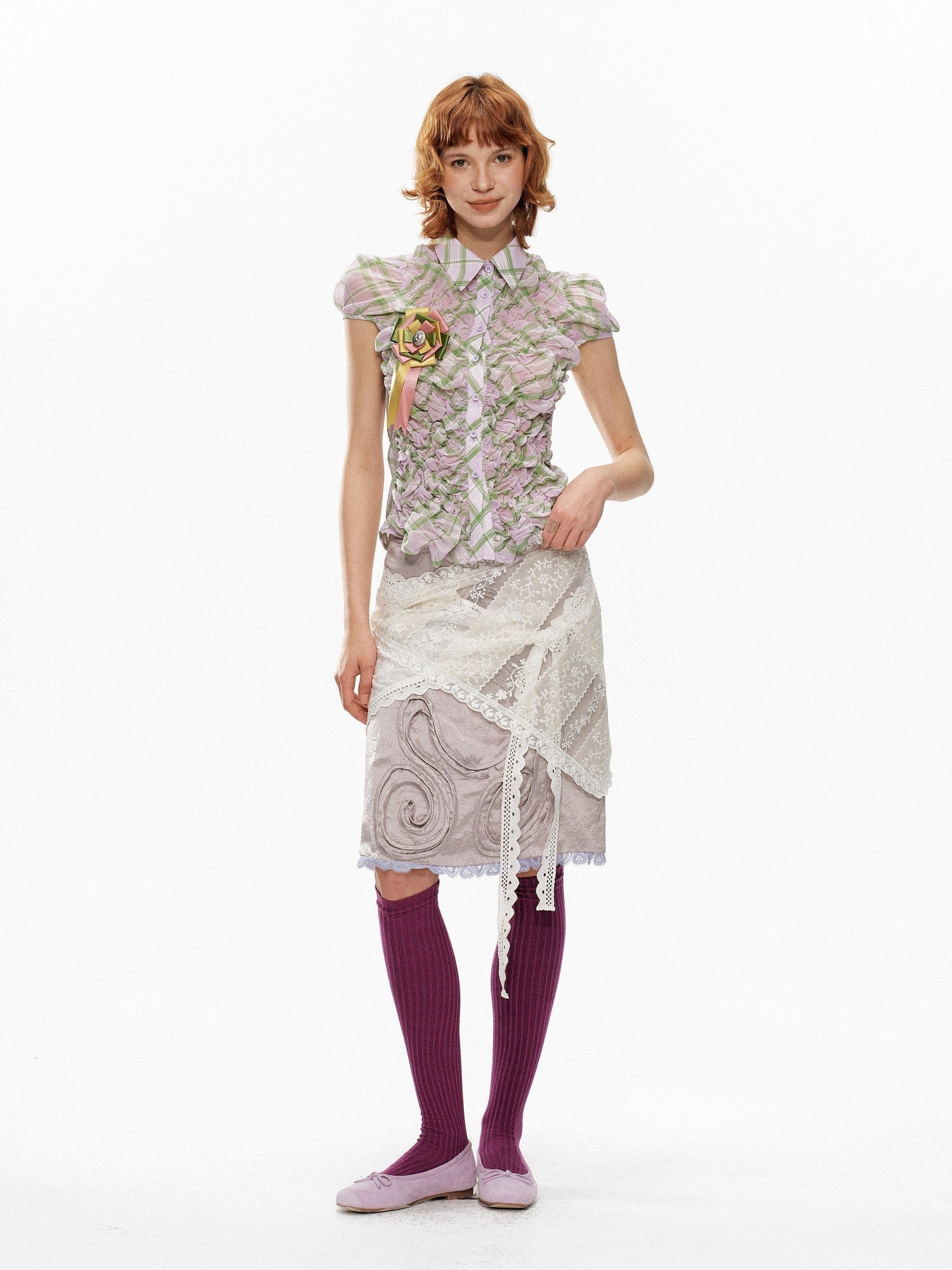 YOSHUYUKI Purple Green Plaid Ruched Puff Lapel Fitted Women&
