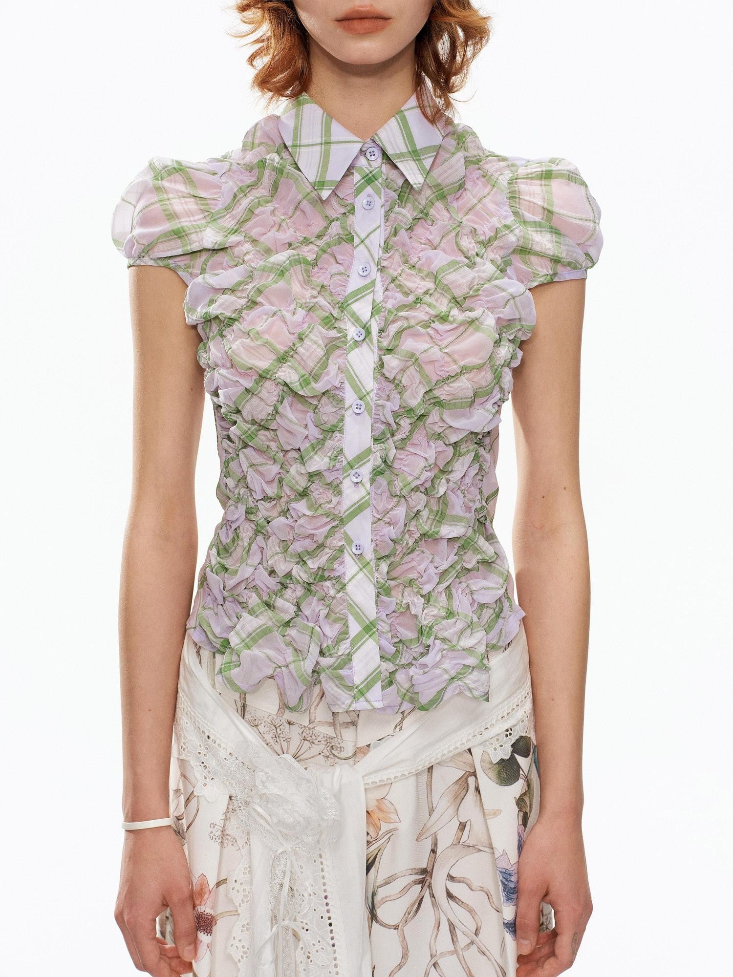 YOSHUYUKI Purple Green Plaid Ruched Puff Lapel Fitted Women&