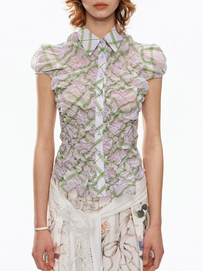 YOSHUYUKI Purple Green Plaid Ruched Puff Lapel Fitted Women&