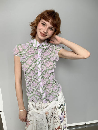 YOSHUYUKI Purple Green Plaid Ruched Puff Lapel Fitted Women&