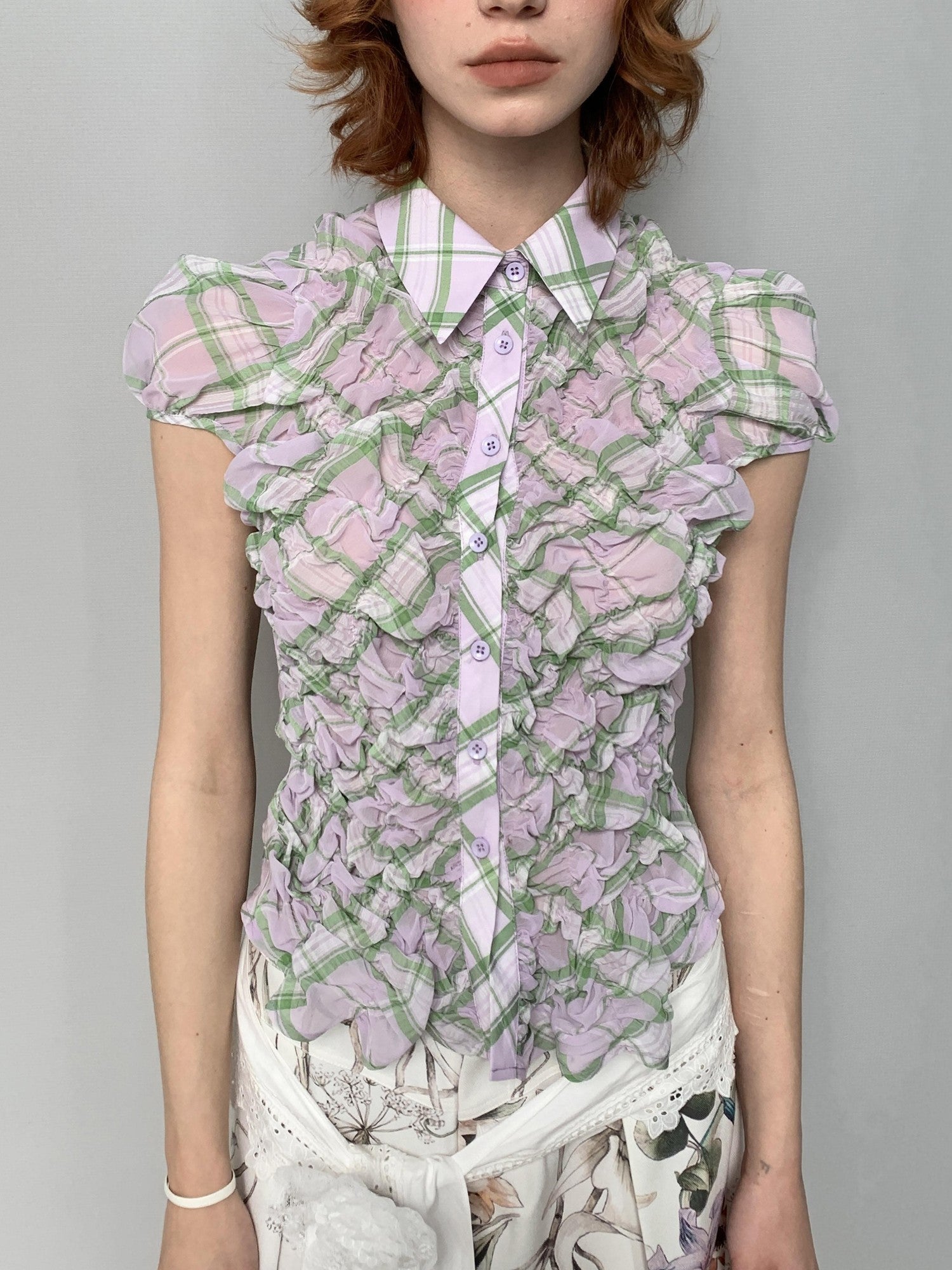 YOSHUYUKI Purple Green Plaid Ruched Puff Lapel Fitted Women&
