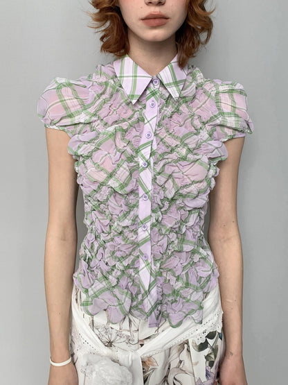 YOSHUYUKI Purple Green Plaid Ruched Puff Lapel Fitted Women&