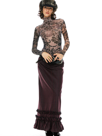 YOSHUYUKI Red Black Striped Straight Lace Maxi Skirt