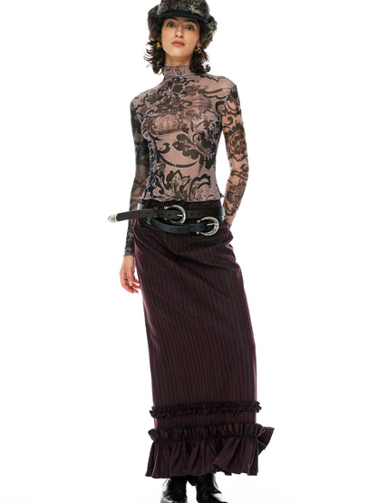 YOSHUYUKI Red Black Striped Straight Lace Maxi Skirt