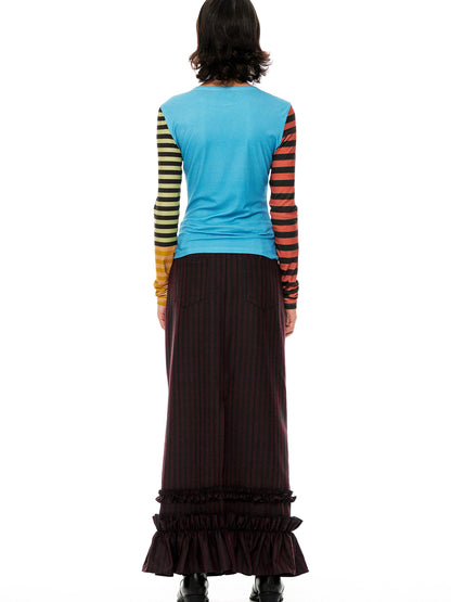 YOSHUYUKI Red Black Striped Straight Lace Maxi Skirt