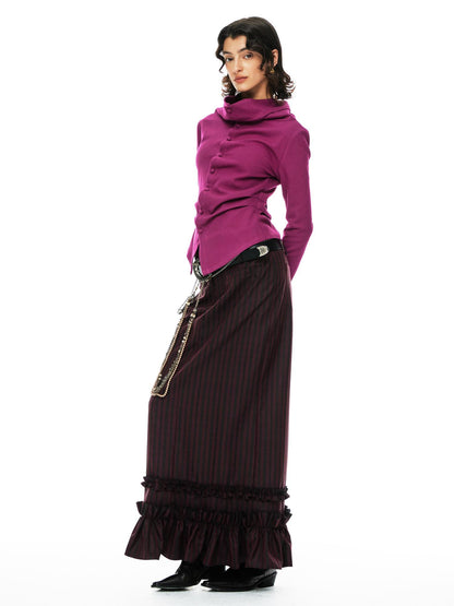 YOSHUYUKI Red Black Striped Straight Lace Maxi Skirt